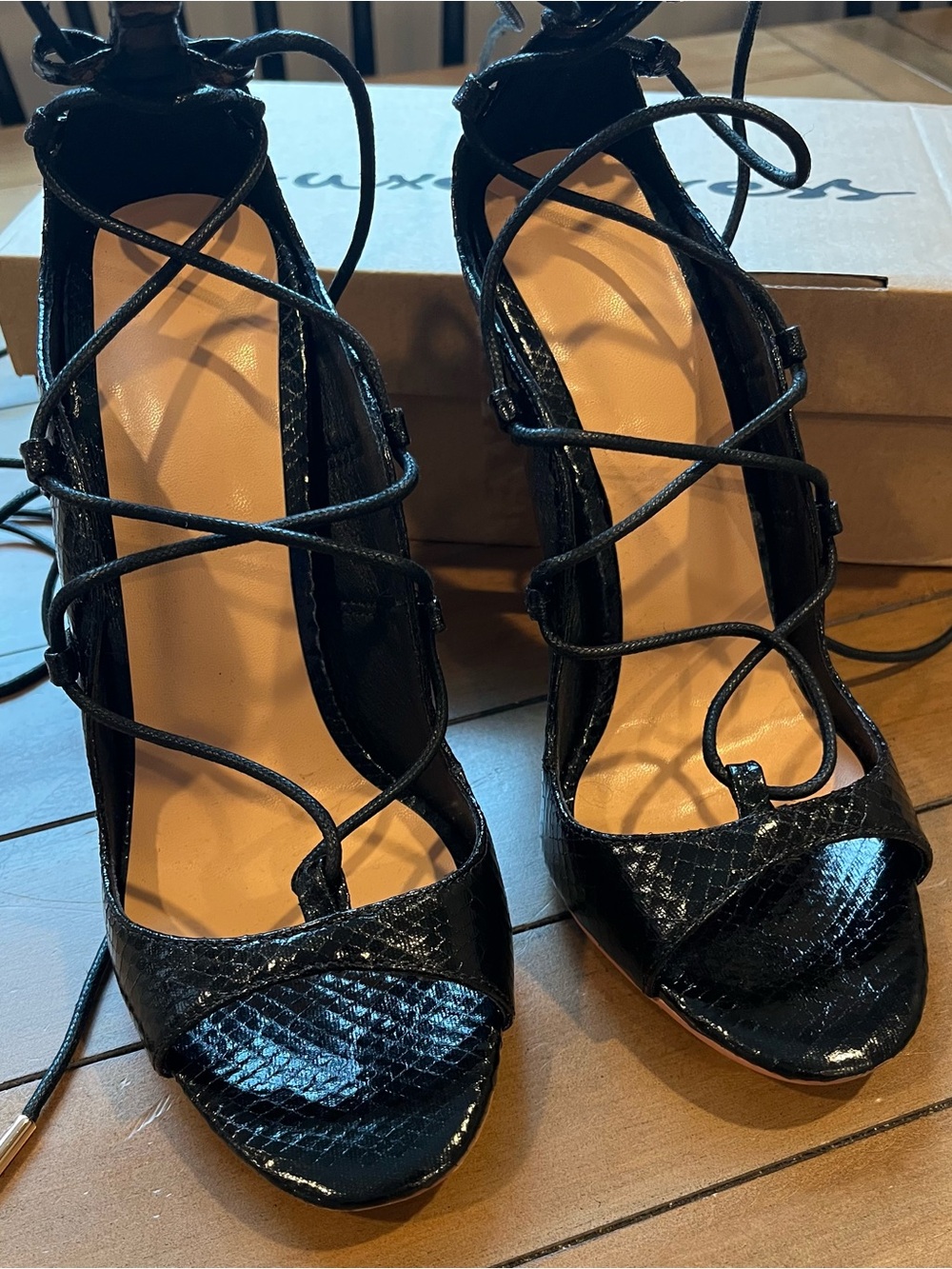 Luxe Black Patent Snake-Embossed Lace-Up Sandals